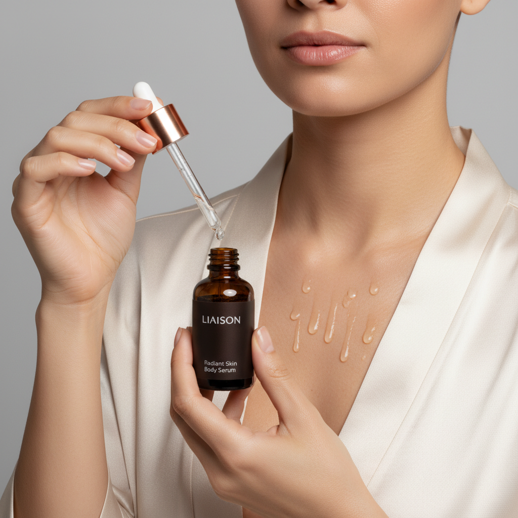 Liaison Radiant Skin Body Serum – Female Model Applying Serum