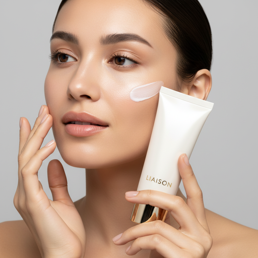 Female model smoothing Liaison Firming Face Cream onto skin