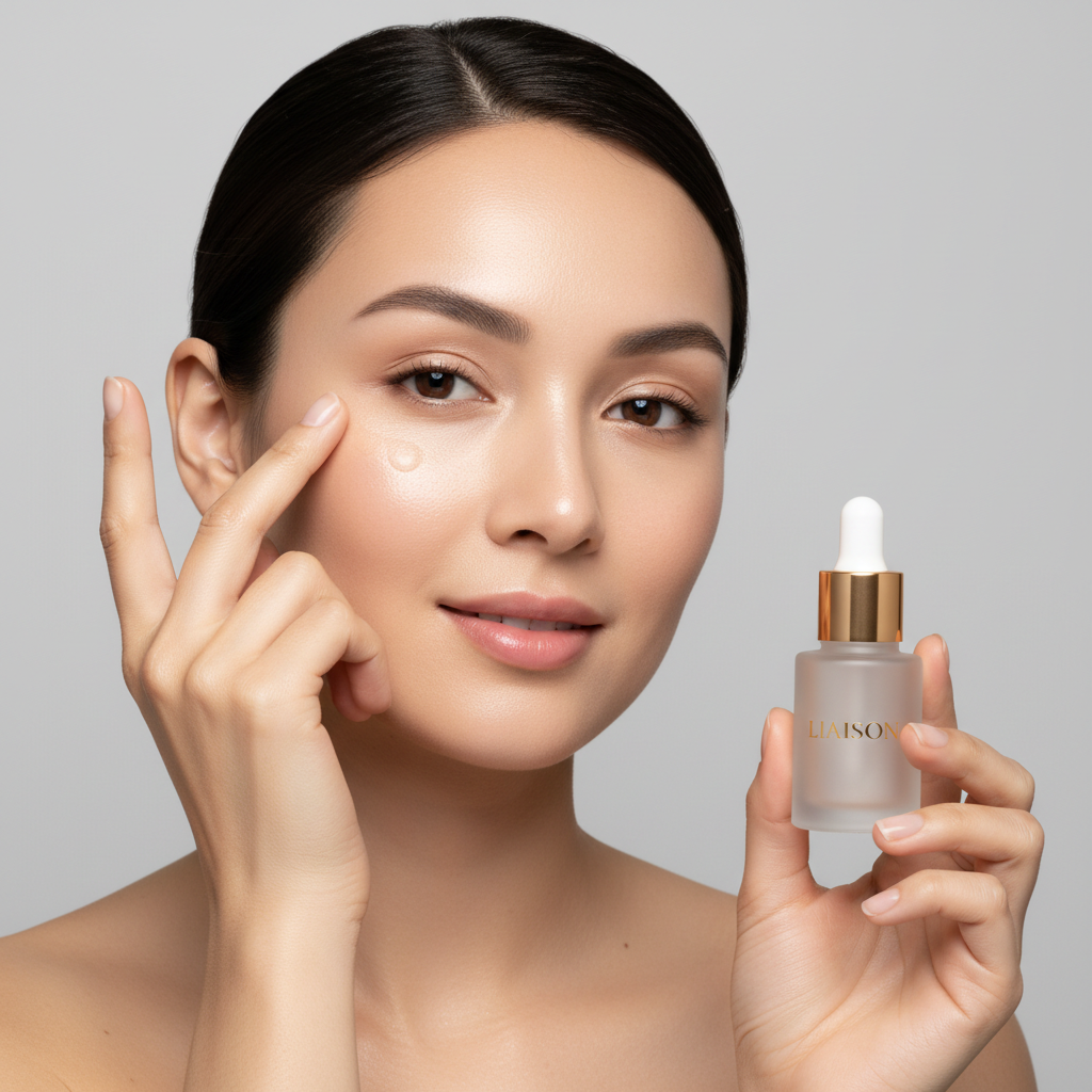 Female model tapping Liaison Repair Eye Serum under eyes