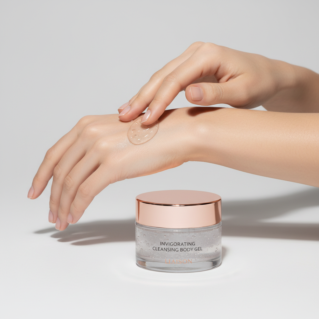 Liaison Invigorating Cleansing Body Gel – Female Model Applying Body Gel