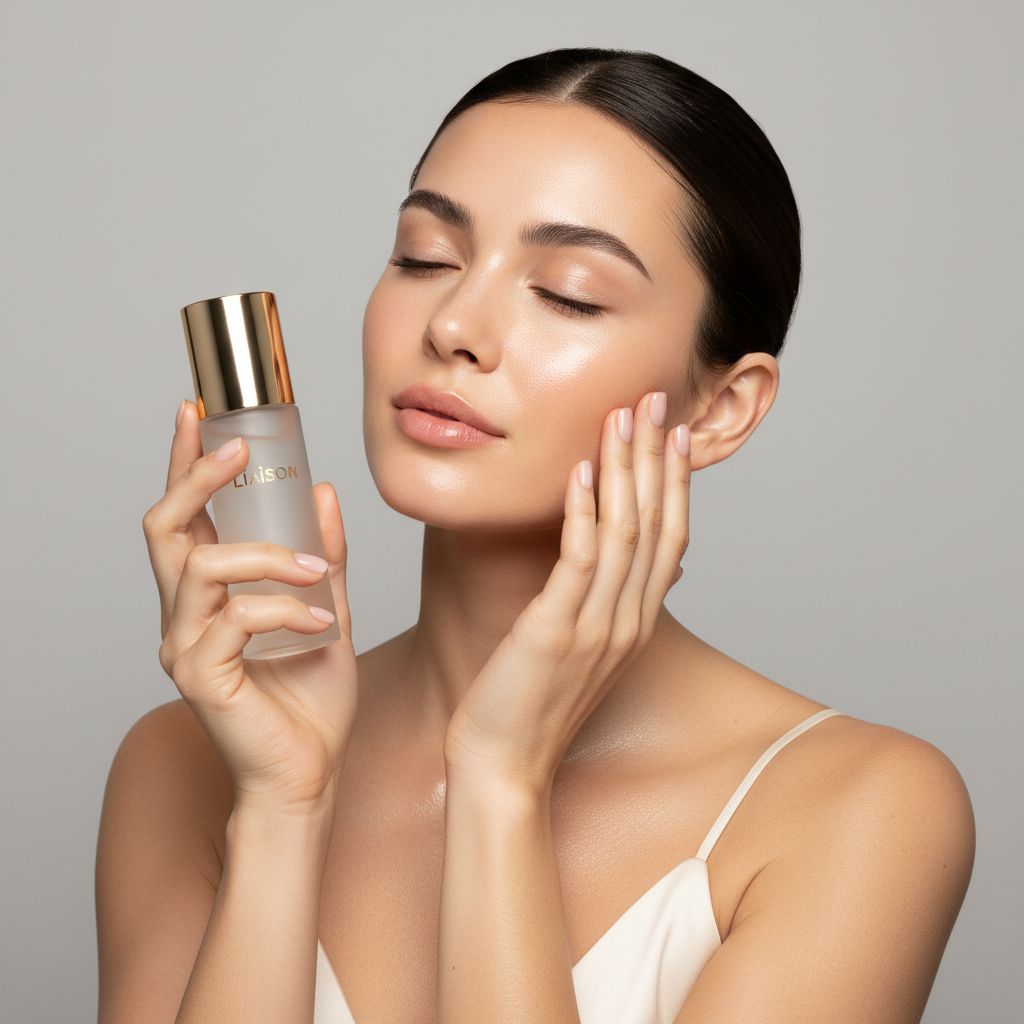 Female model pressing Liaison Hydrating Facial Toner into glowing skin