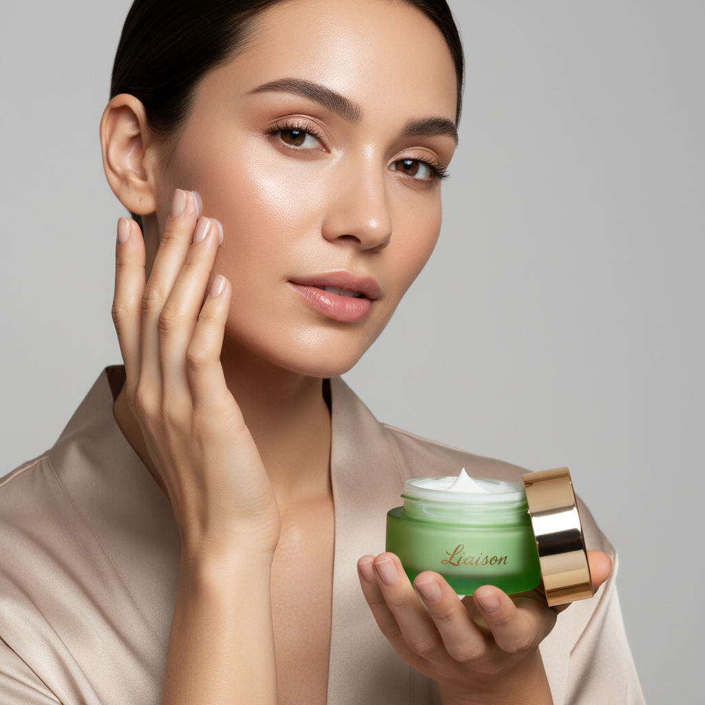 Female model applying Liaison Daily Moisturizing Face Cream