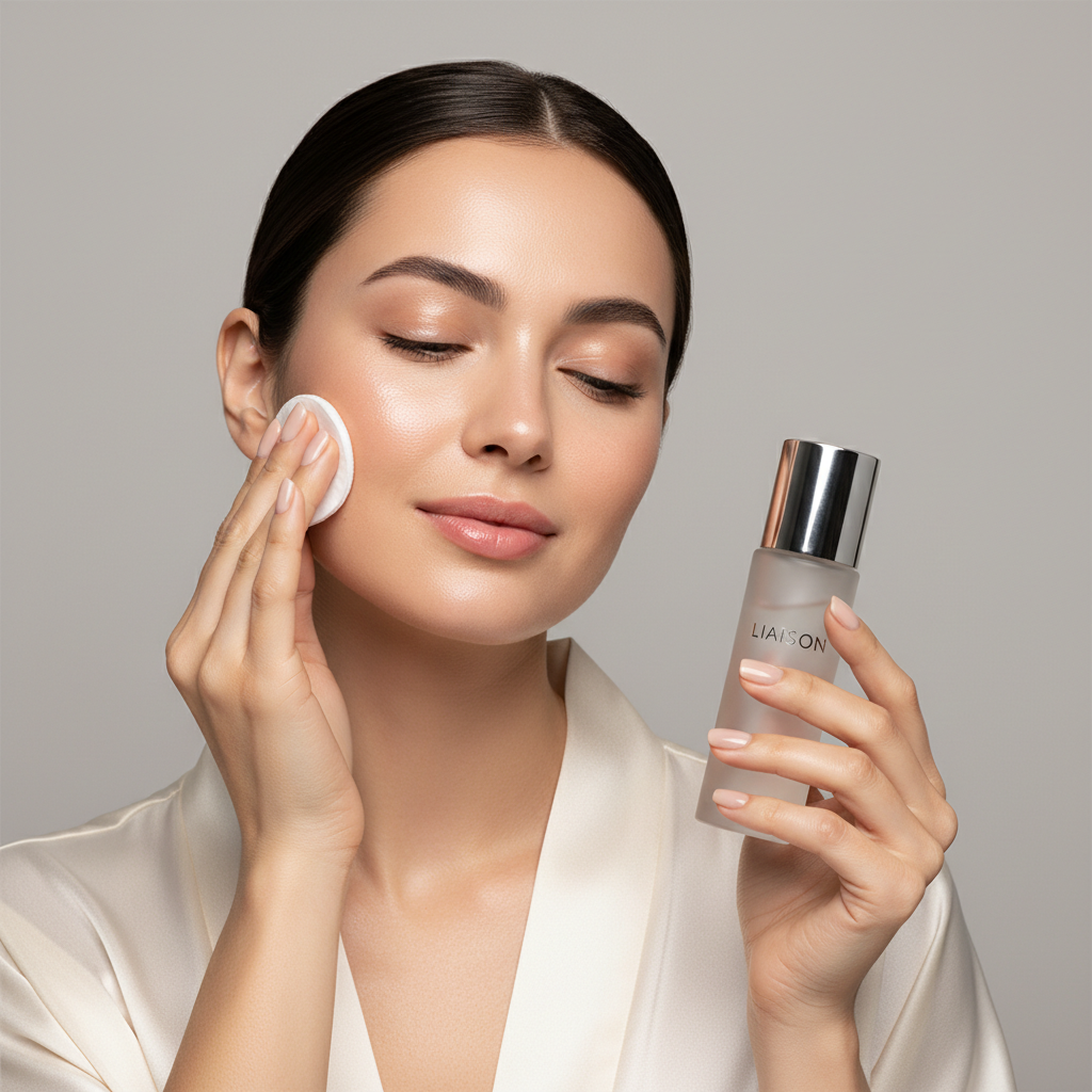 Female model applying Liaison Hydrating Facial Toner with cotton pad