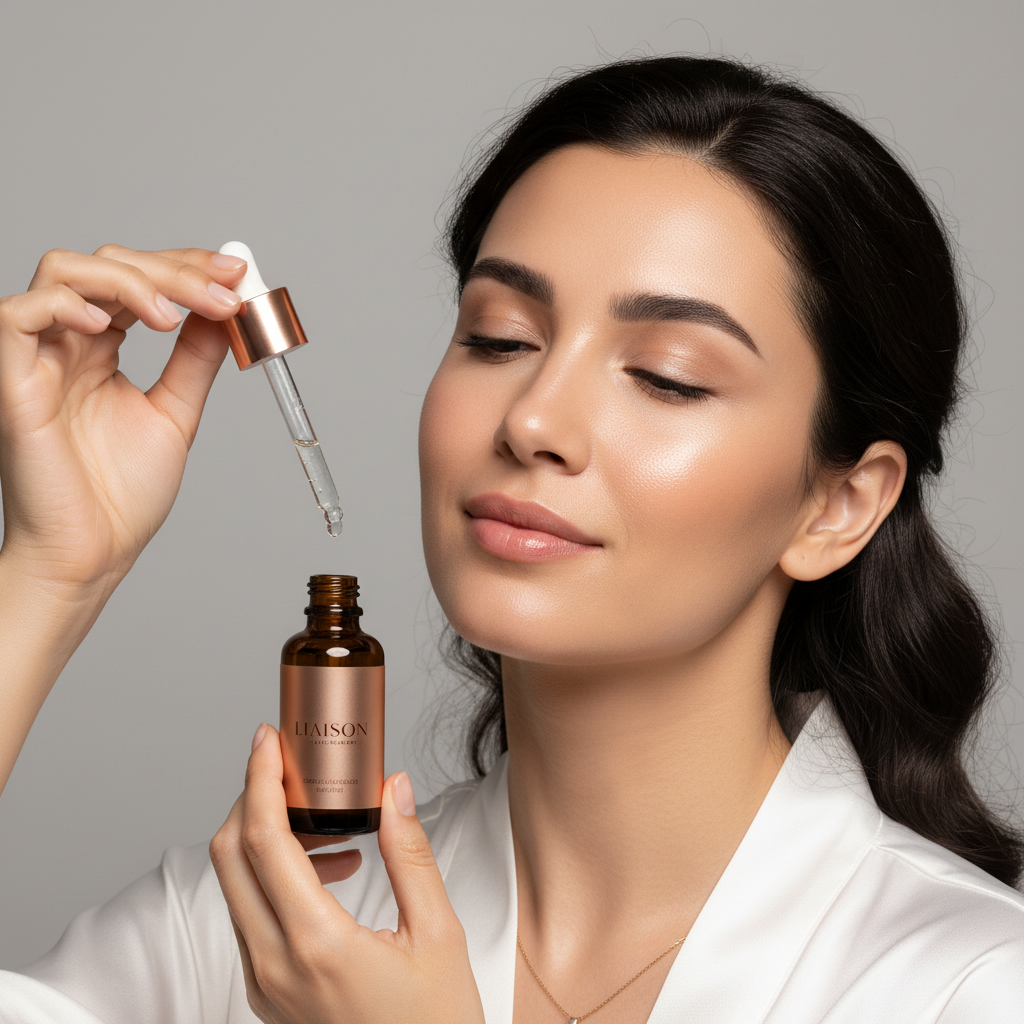 Female model using Liaison Ultimate Illuminating Face Serum