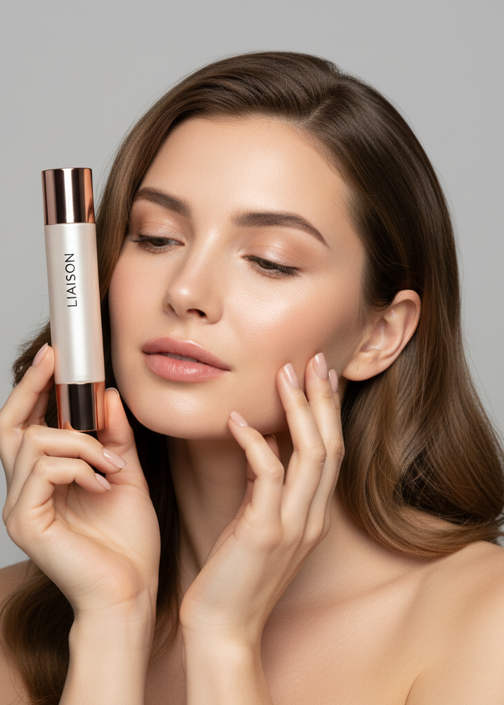 Female model holding Liaison Brightening Eye Cream near face