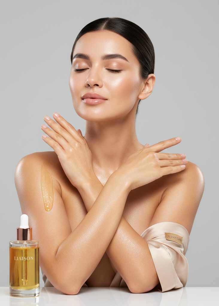 Liaison Glow Body Oil – Female Model Applying Body Oil