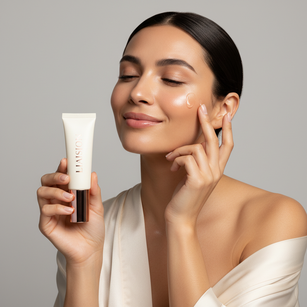Female model applying Liaison Revitalizing Face Serum to face