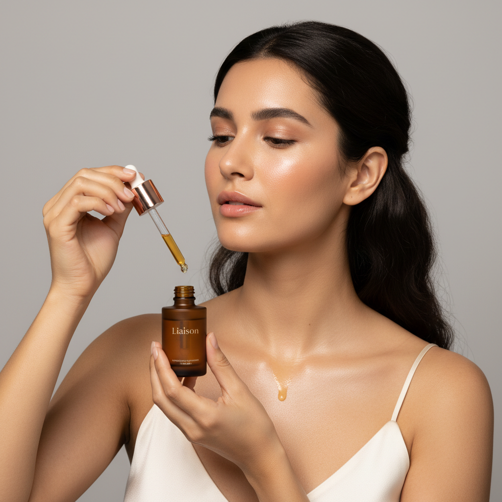 Female model applying Liaison Overnight Repair Serum with dropper