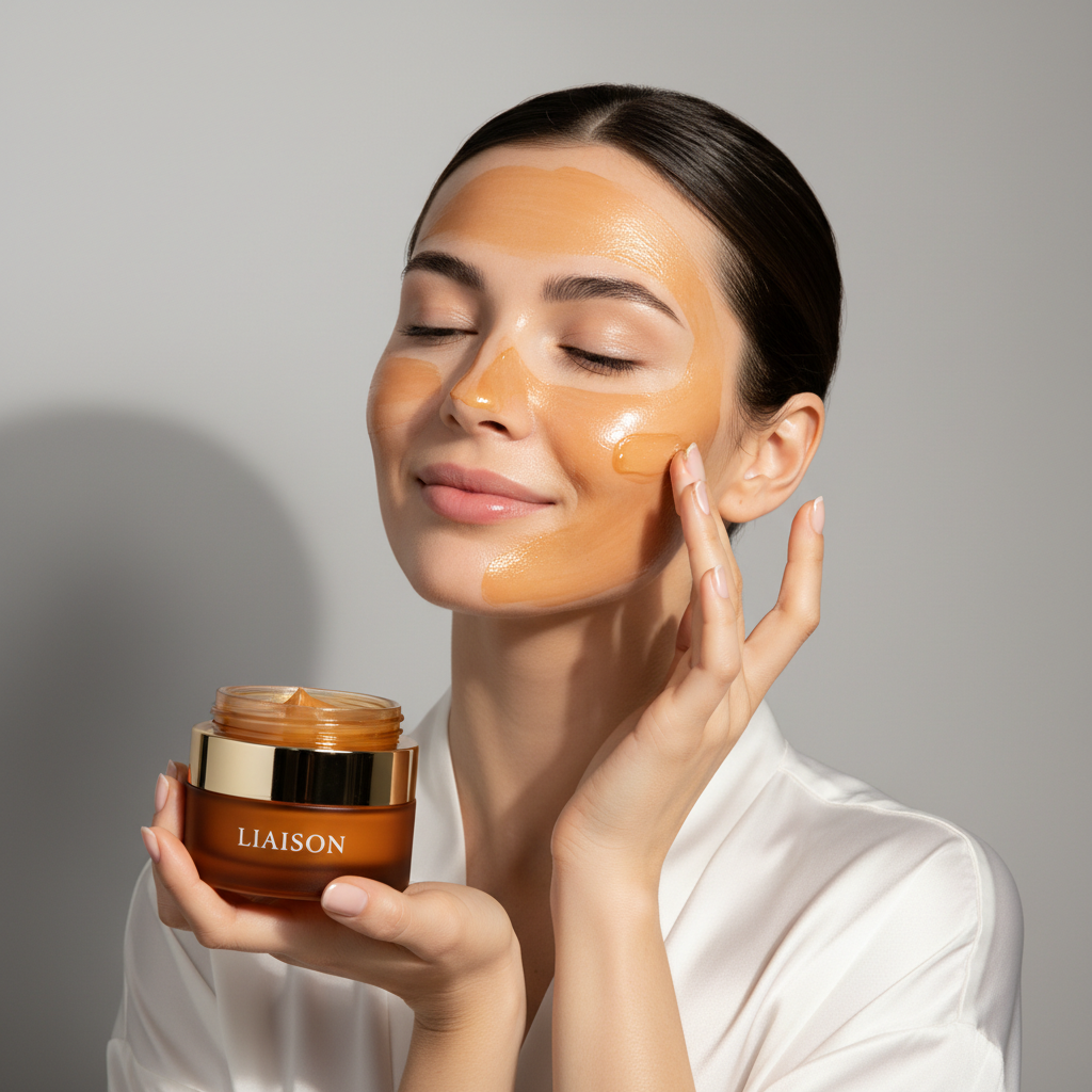 Female model applying Liaison Night Repair Face Mask to face