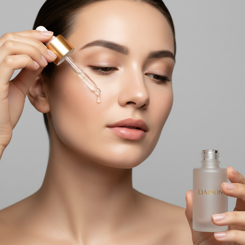 Female model applying Liaison Repair Eye Serum with dropper to under-eye area