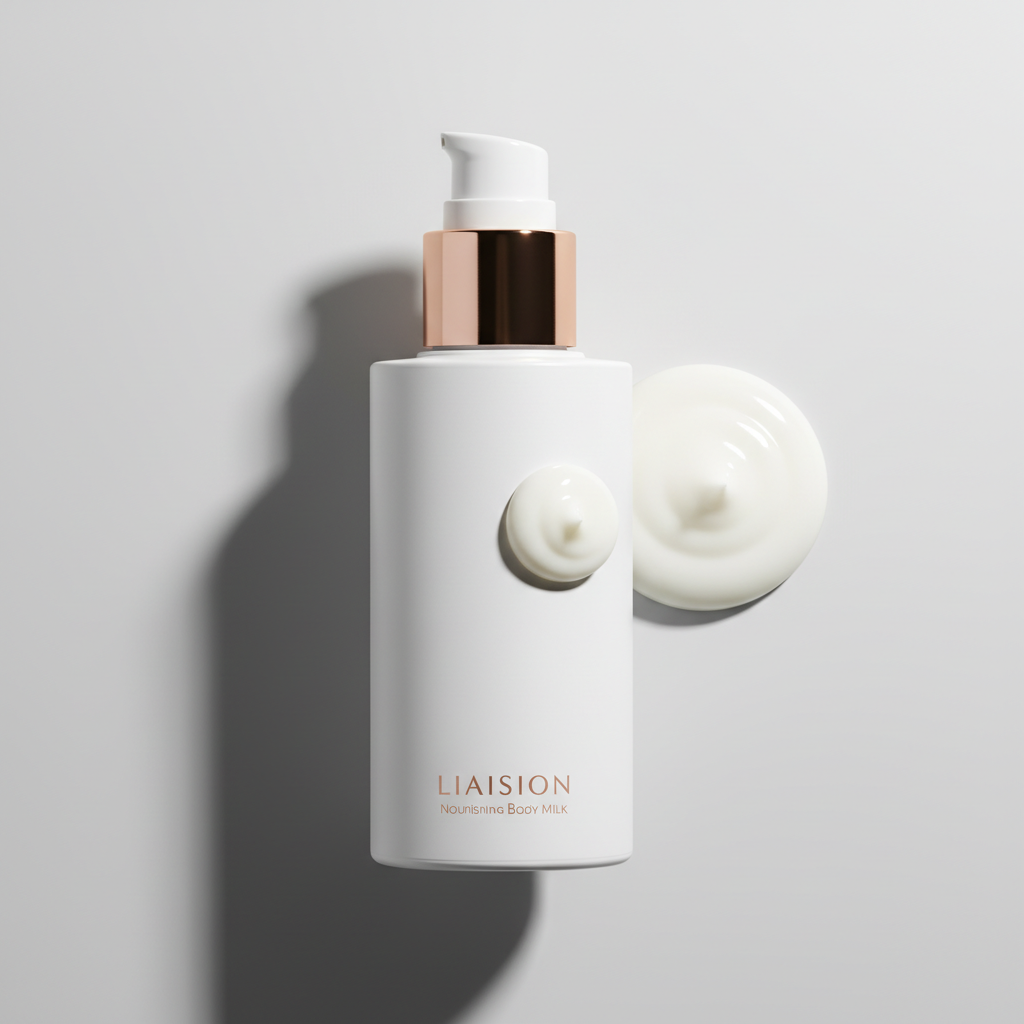 Liaison Nourishing Body Milk – Close-up of Bottle and Texture