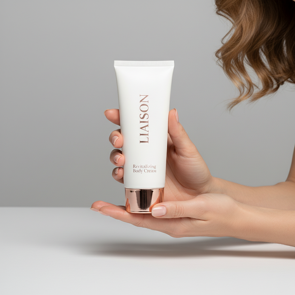 Liaison Revitalizing Body Cream – Female Model Holding Product