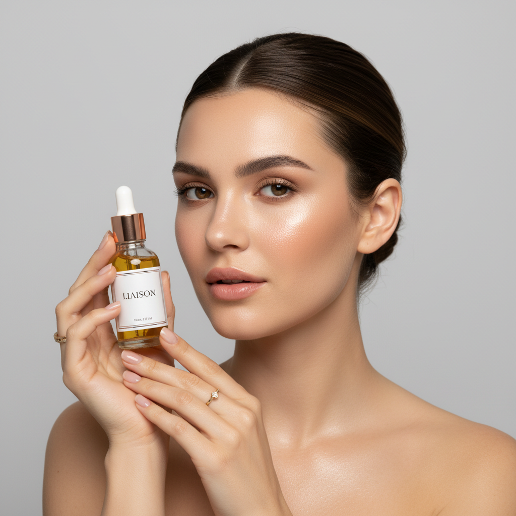 Female model holding Liaison Ultimate Illuminating Face Serum