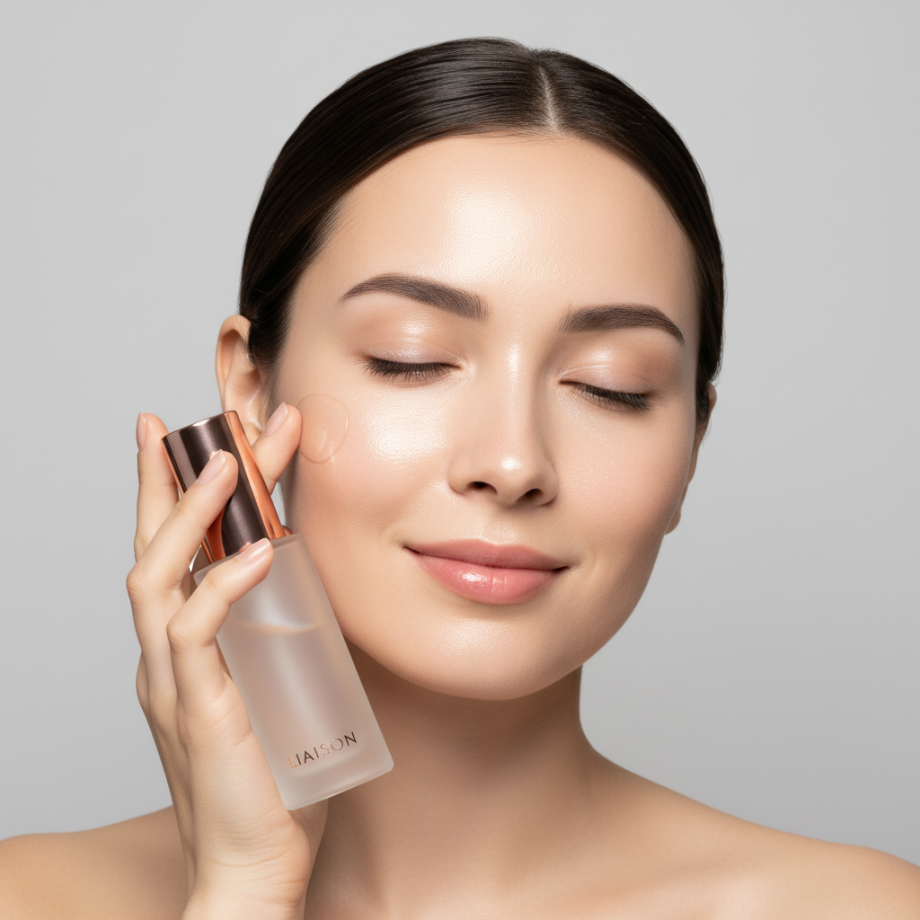 Female model patting Liaison Glow Face Essence into radiant dewy skin