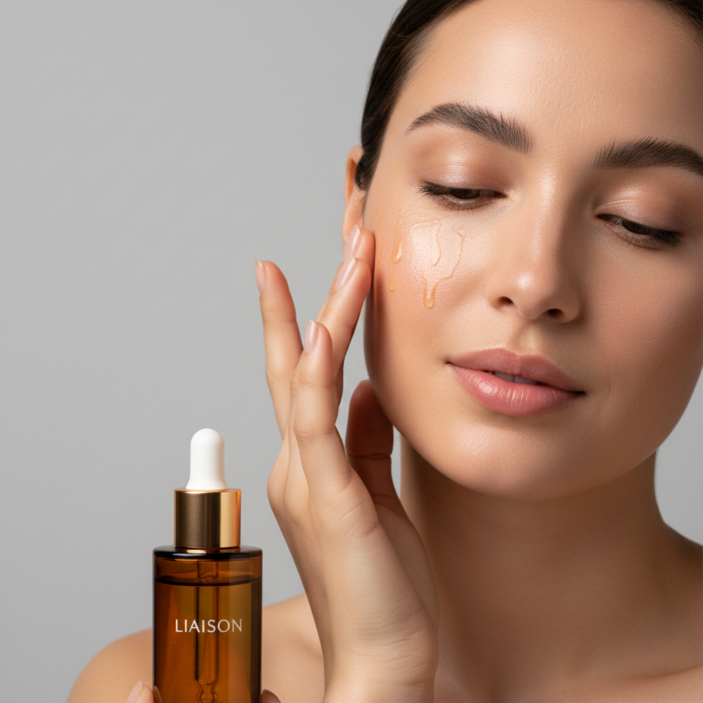 Female model pressing Liaison Overnight Repair Serum into glowing skin